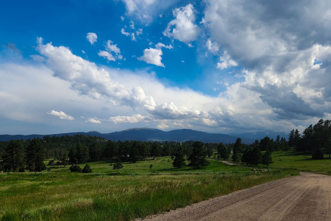 Country dirt road beside green pasture with forested hills under a cloudy sky