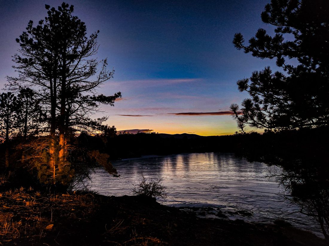 Tall pines silhouetted on a bluff above a still pond at twilight after sunset