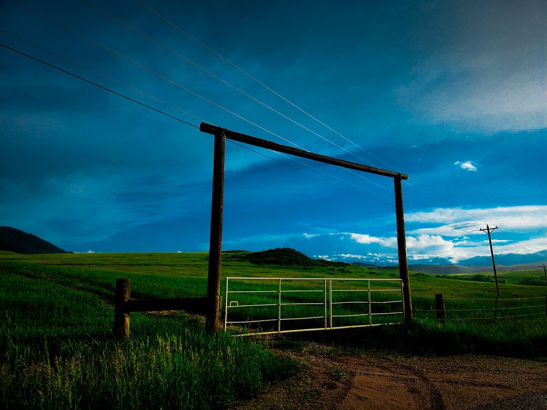 Tall wooden ranch entrance gate over a dirt drive beside open green pasture